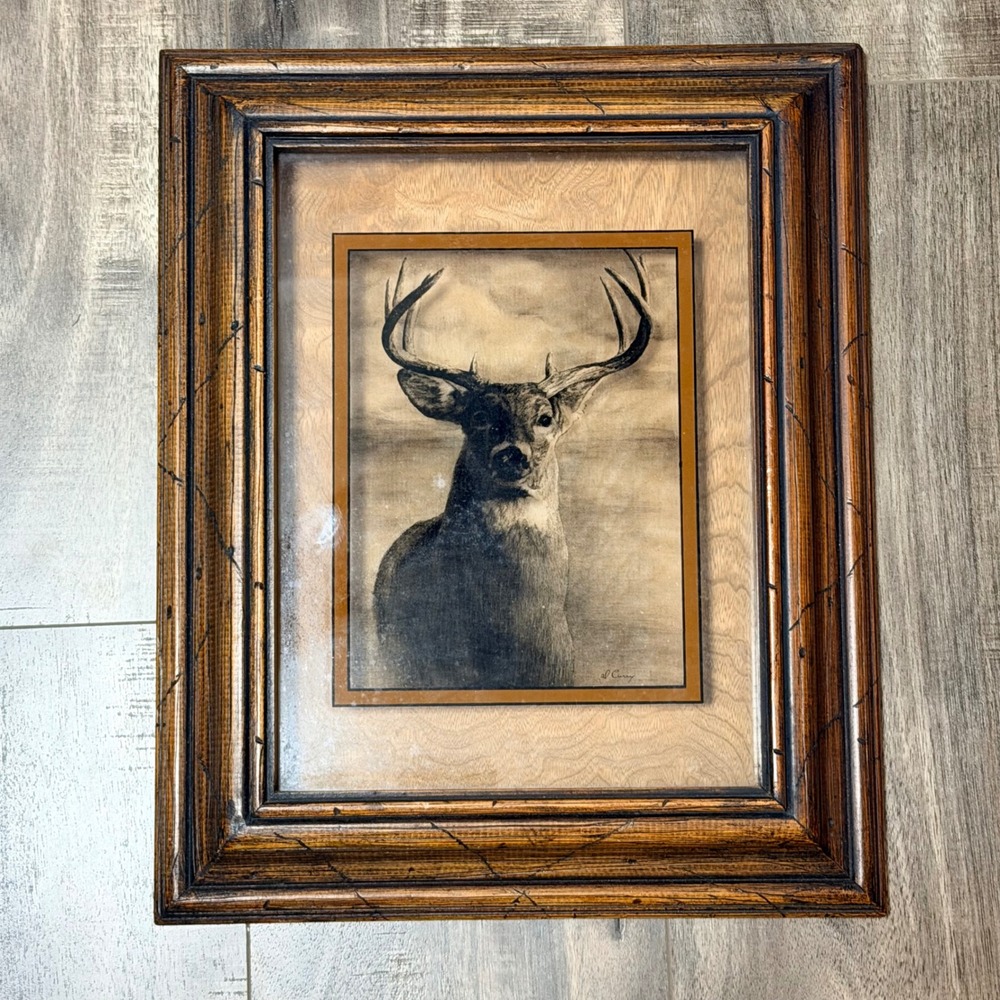 Vintage‎ 1976 Lucid Lines Buck Deer Wood Framed Art Print Cabin Decor 16x13
